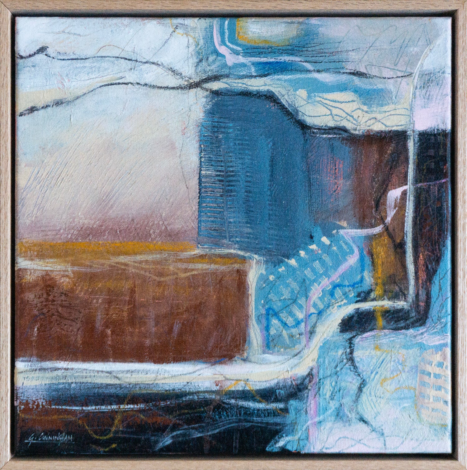 Backroad Velcro by Geoff Cunningham, abstract landscape painting with winding road-like forms, layered paddocks and textured earthy colours.
