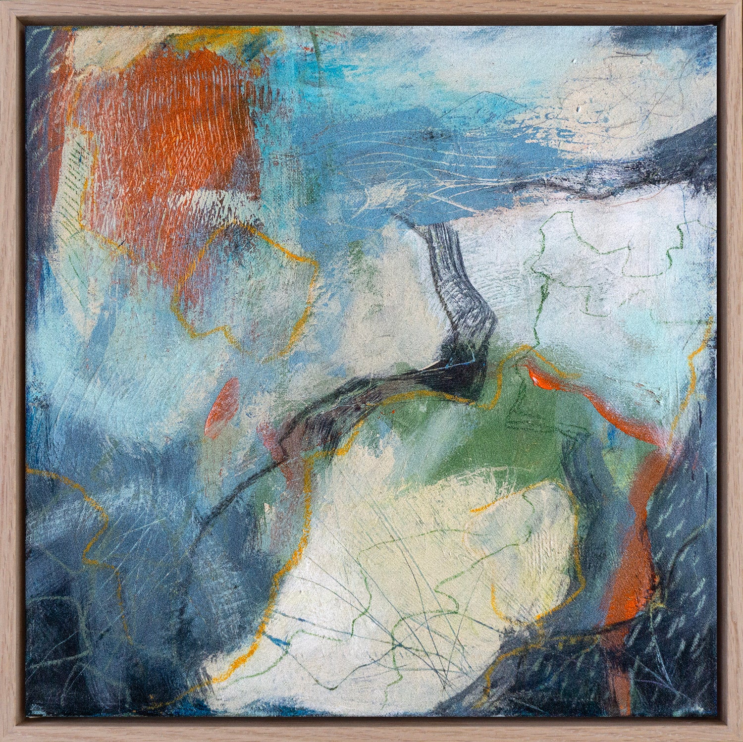 Bedrock Alibi by Geoff Cunningham, abstract painting with fragmented landforms, map-like lines, weathered textures and blue, rust and green tones.