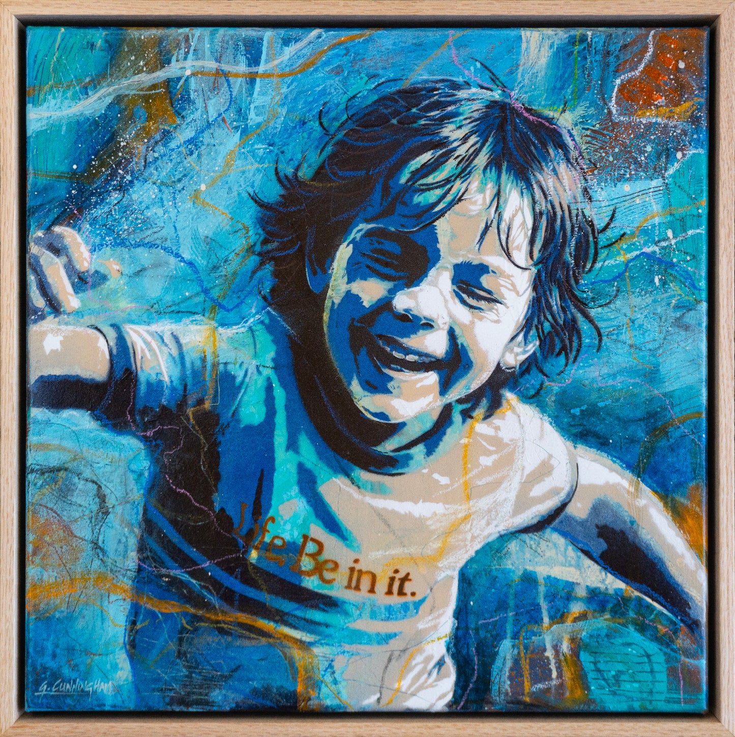 Bliss Point by Geoff Cunningham, original hybrid painting of a laughing boy over an abstract landscape in layered blue, green and earthy tones.