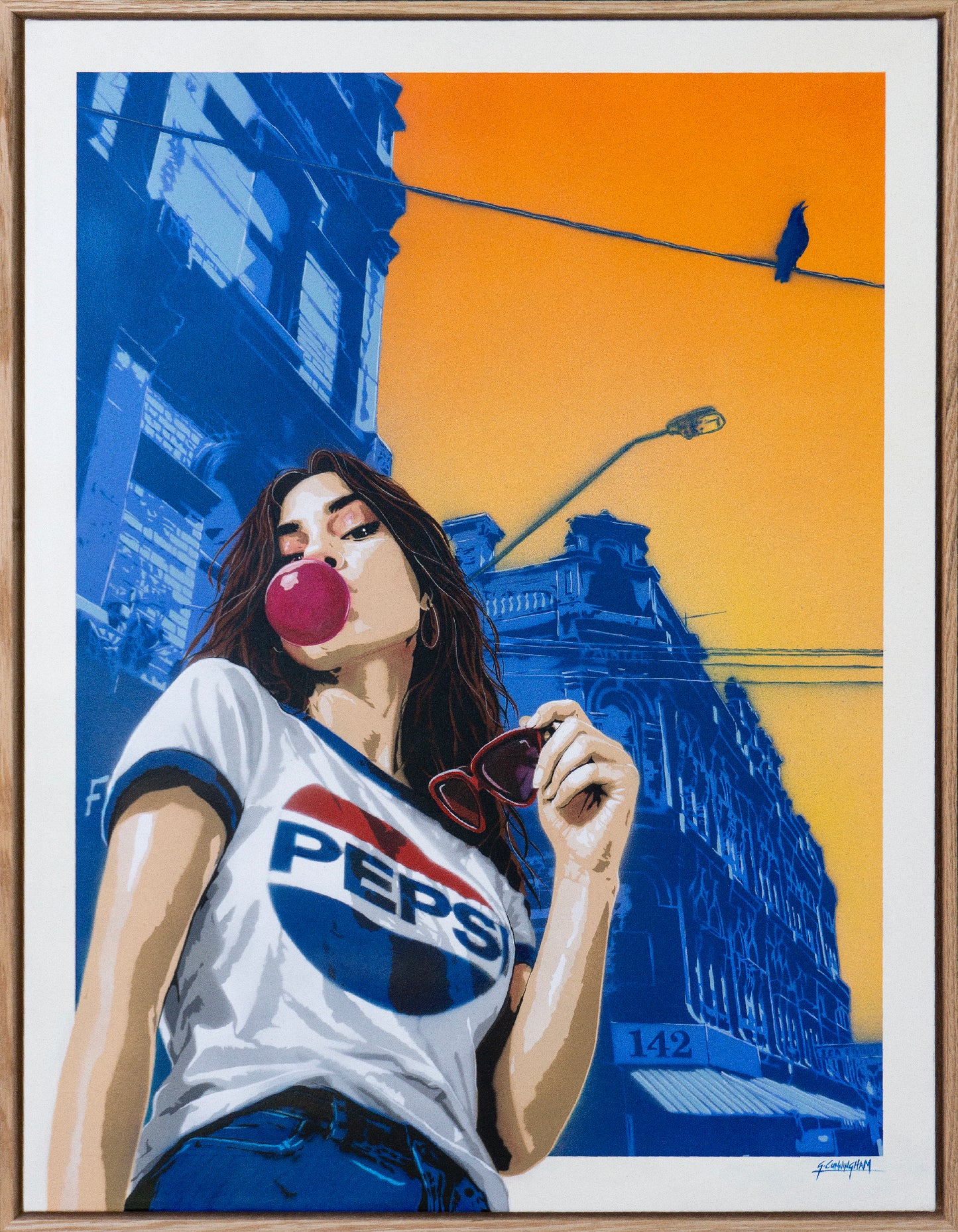 Illustration of a woman wearing a Pepsi shirt with a cityscape background