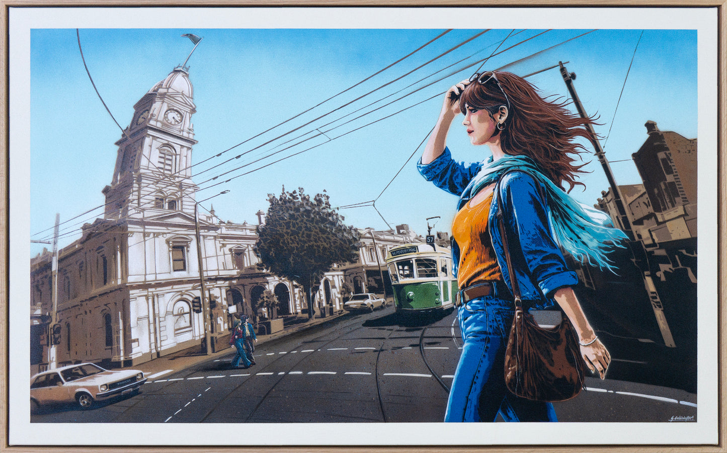 Woman walking on a street with a clock tower and tram in the background