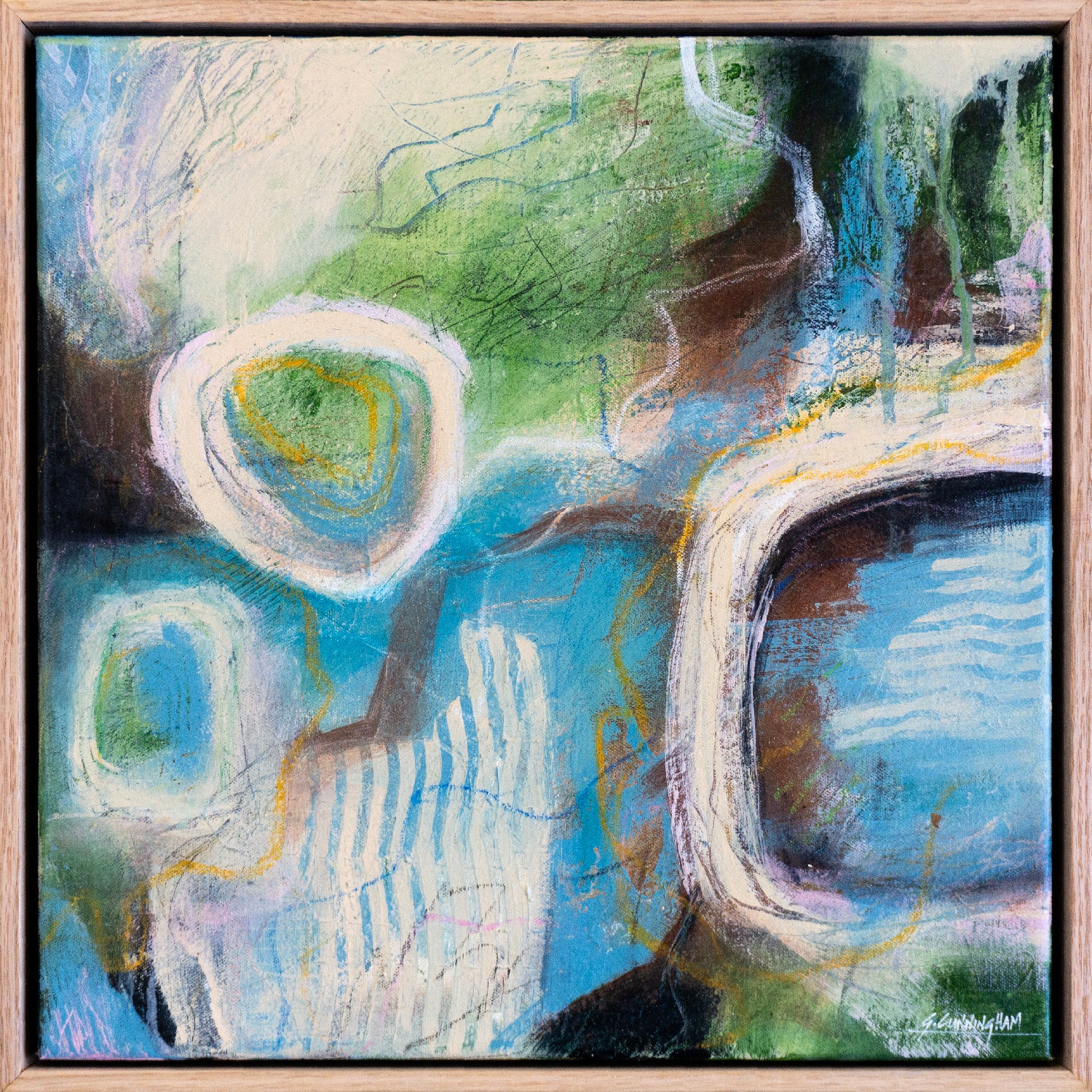 Cultivated Glitch by Geoff Cunningham, abstract landscape painting with layered fields, waterways, grid-like marks and earthy blue-green tones.