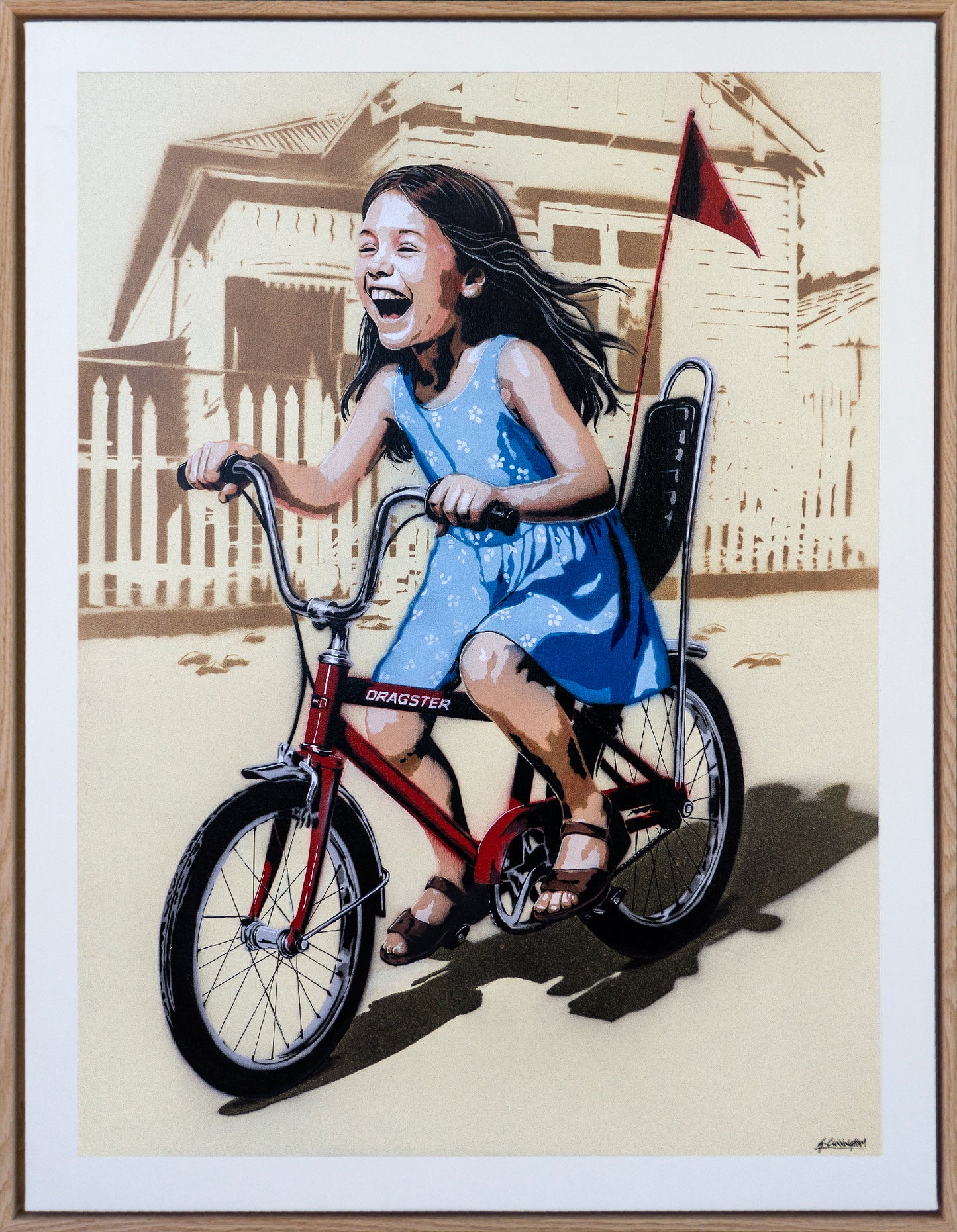 Artistic depiction of a girl on a dragster bicycle with a house in the background