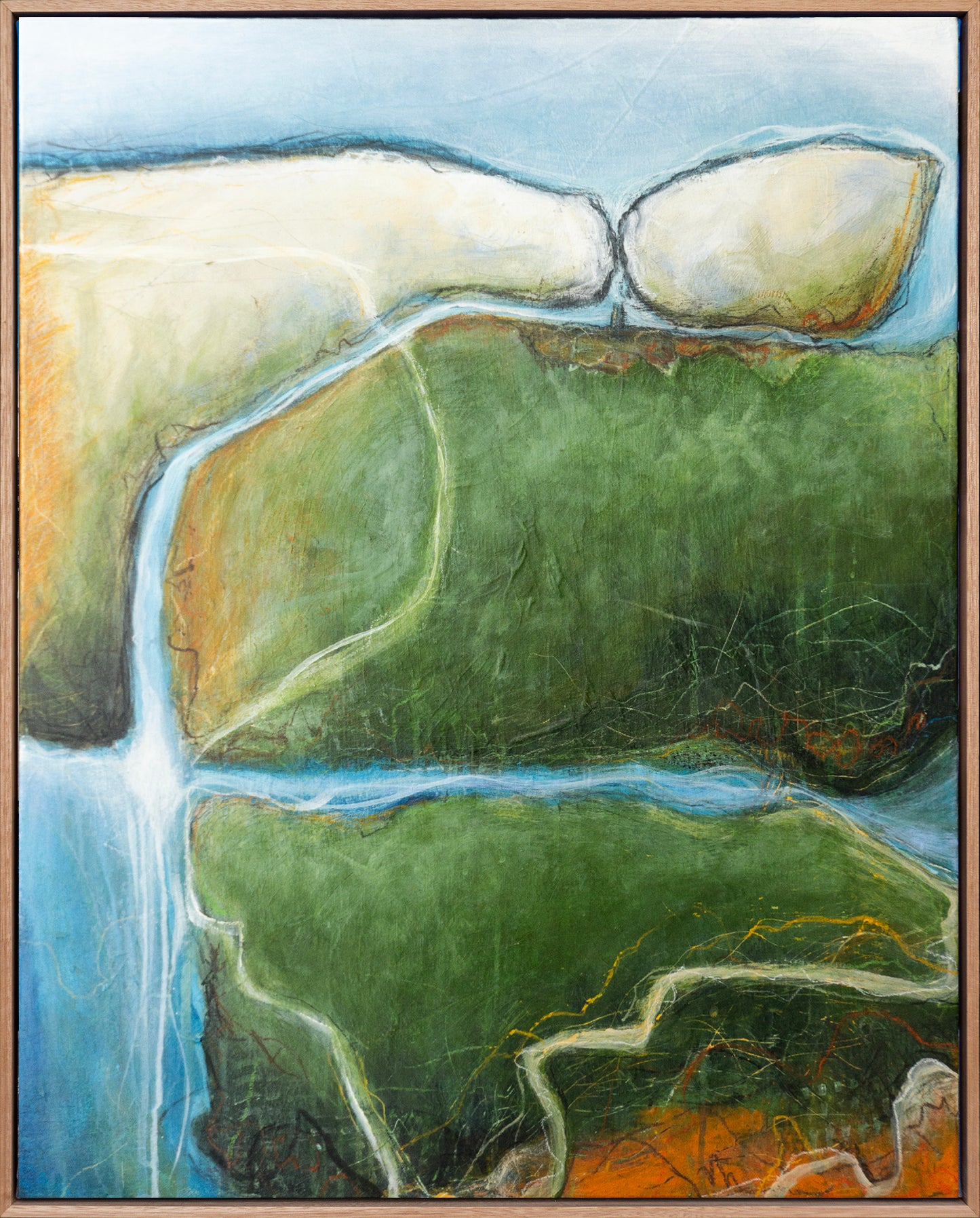 Estuary Almanac by Geoff Cunningham, abstract aerial landscape painting with winding waterways, green landforms and layered coastal textures.