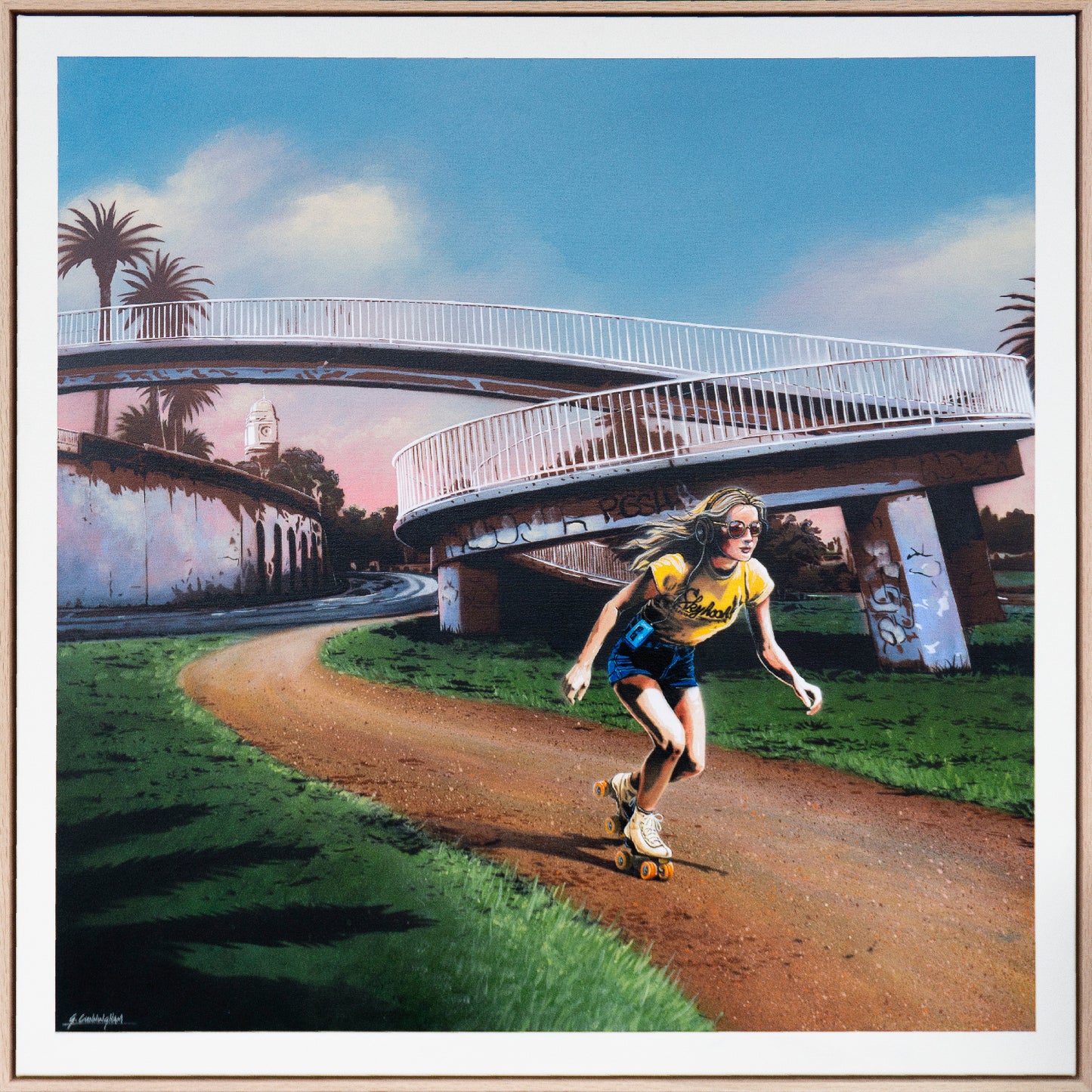 a lone retro skater rolls along the St.Kilda foreshore in Melbourne