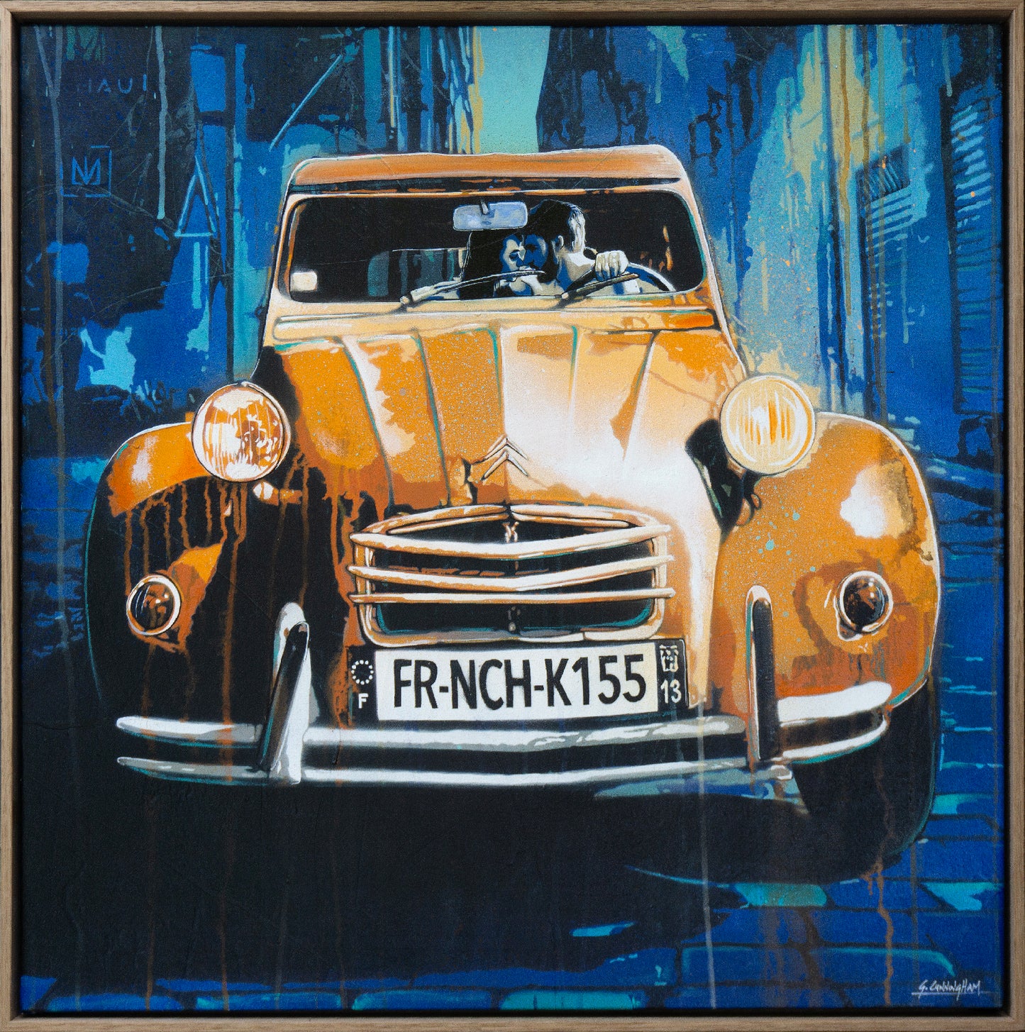 A painting of a vintage yellow Citron car with a French license plate, set against a blue urban backdrop. The artwork is on a canvas, which is part of the product offering.