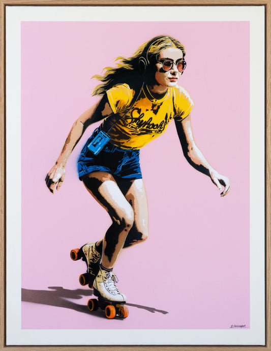 Framed artwork of a woman roller skating on a pink background