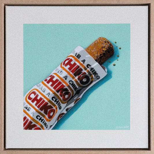 Framed artwork of a Chiko bar with a light blue background