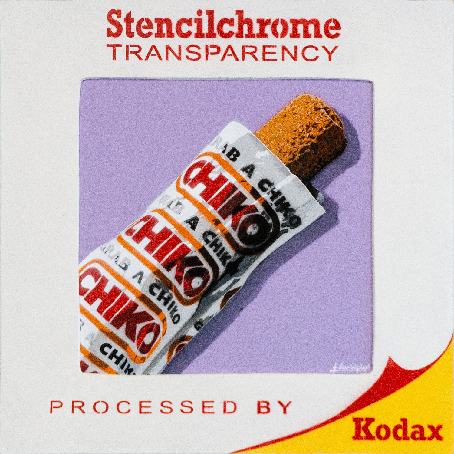 A square graphic with the text 'Stencilchrome Transparency' at the top and 'Processed by Kodax' at the bottom, featuring a stylized stencil painting of a Chiko Roll partially unwrapped on a lavender square over a white background.