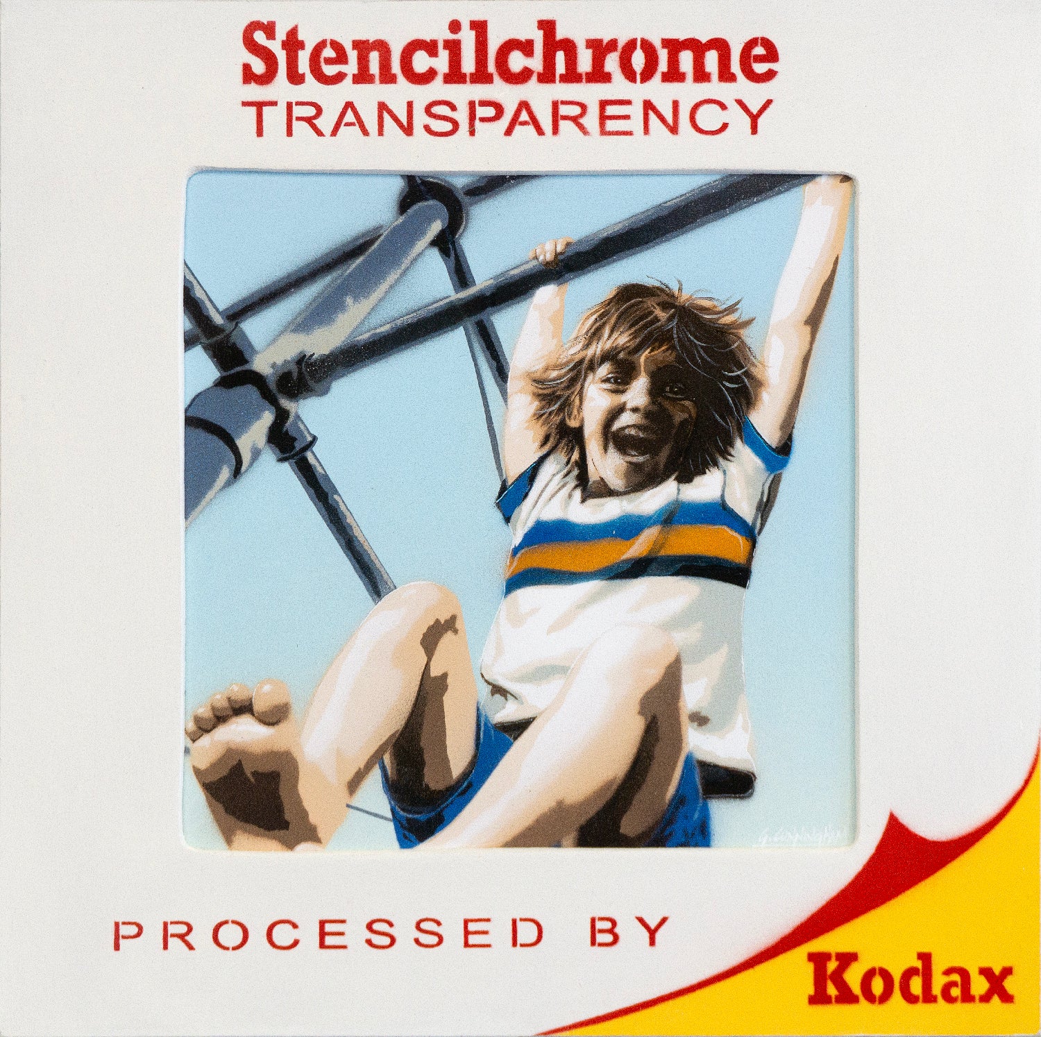 A square art print or cover design with the title 'Stencilchrome TRANSPARENCY' at the top and 'Processed by Kodax' at the bottom. The central artwork shows a stylized illustration of a child hanging from a Hills Hoist clothesline against a pale blue sky.