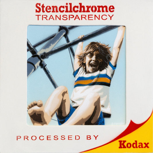 A square art print or cover design with the title 'Stencilchrome TRANSPARENCY' at the top and 'Processed by Kodax' at the bottom. The central artwork shows a stylized illustration of a child hanging from a Hills Hoist clothesline against a pale blue sky.
