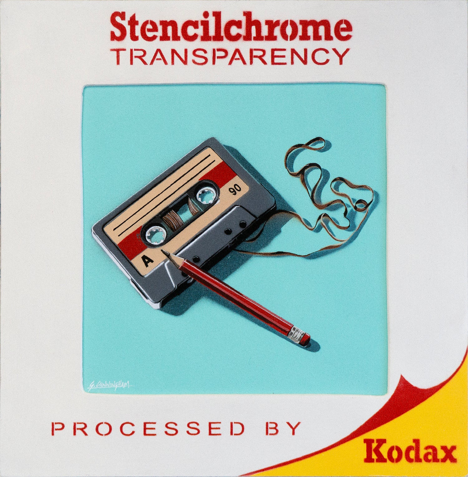 A square graphic painting with the text 'Stencilchrome TRANSPARENCY' at the top and 'PROCESSED BY Kodax' at the bottom. The central artwork shows a cassette tape with a red pencil resting on it, placed over a light aqua square on an off-white background.