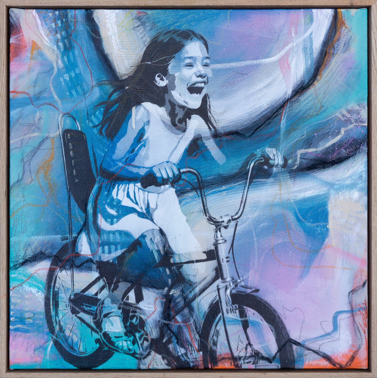 Joy Frequency by Geoff Cunningham, original hybrid painting of a girl riding a bicycle over an abstract landscape in layered blue, green and earthy tones.