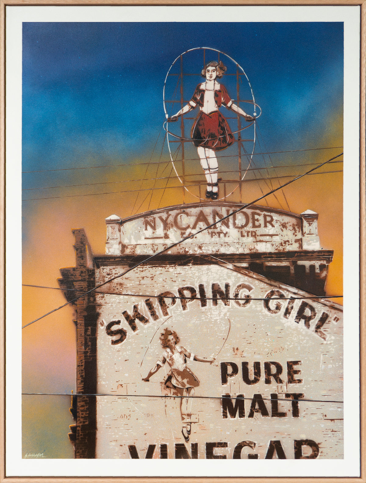 Original stencil painting of Melbourne's iconic Skipping Girl Vinegar sign, depicting Little Audrey and the historic Nycander factory in Abbotsford.
