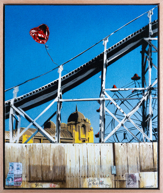 Lovers in the Air by Geoff Cunningham, original stencil painting of Luna Park’s Scenic Railway and Palais Theatre in St Kilda with a red heart balloon.