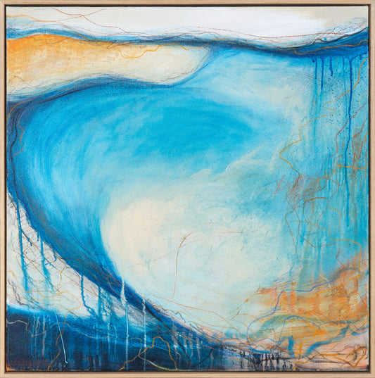 Low Tide Orchestra by Geoff Cunningham, blue abstract landscape painting with sweeping tidal forms, soft coastal shapes and layered mark-making.