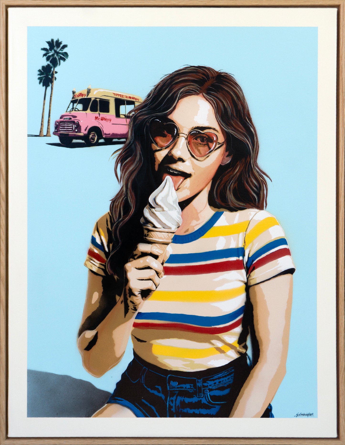 Illustration of a woman eating an ice cream cone with a pink van and palm trees in the background.