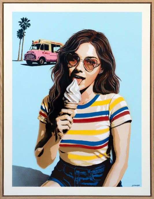 Illustration of a woman eating an ice cream cone with a pink van and palm trees in the background.