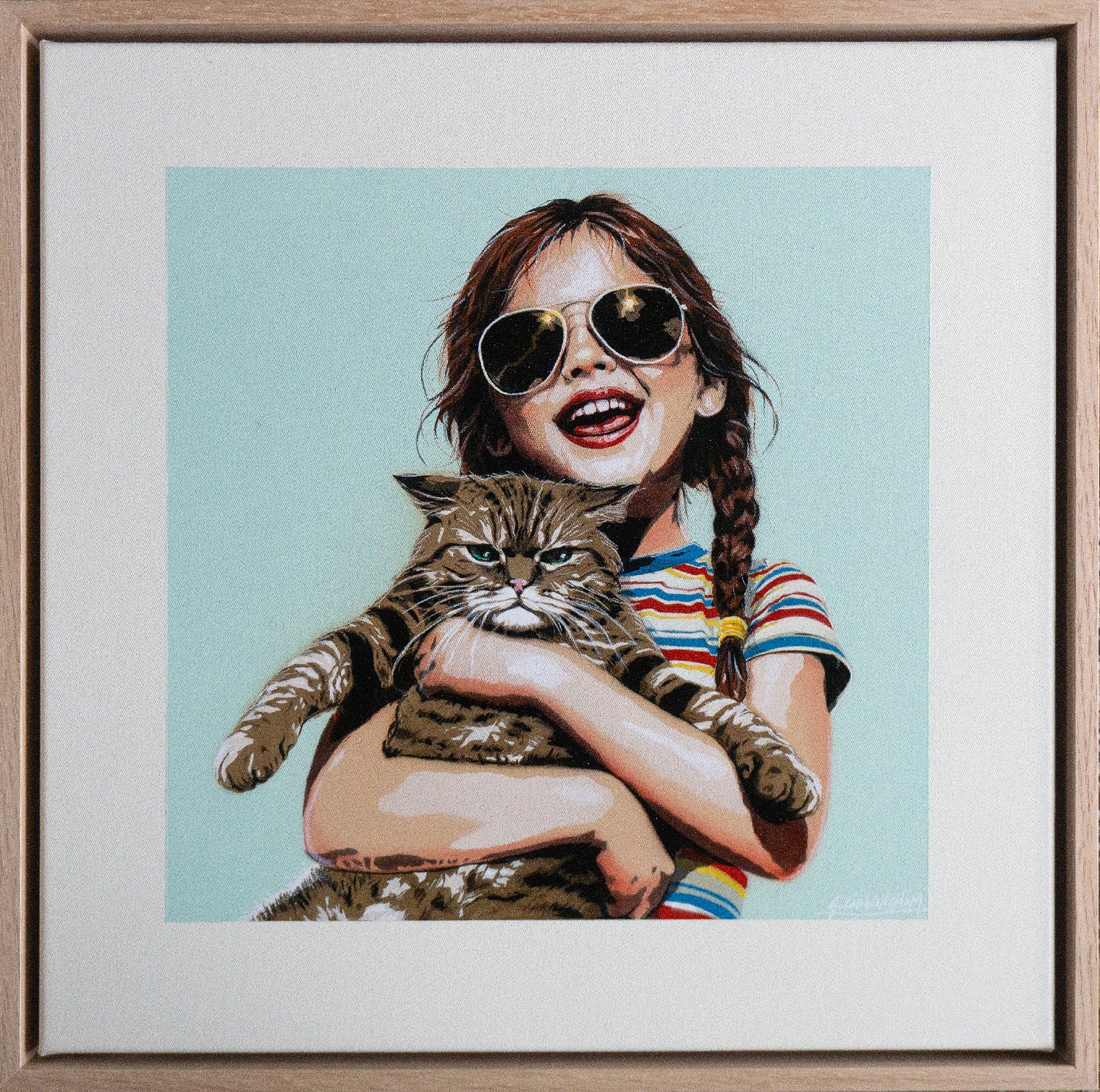 Sweet Surrender is an original artwork by Geoff Cunningham featuring a smiling girl holding a grumpy cat. A playful, nostalgic summer piece full of humour and character.