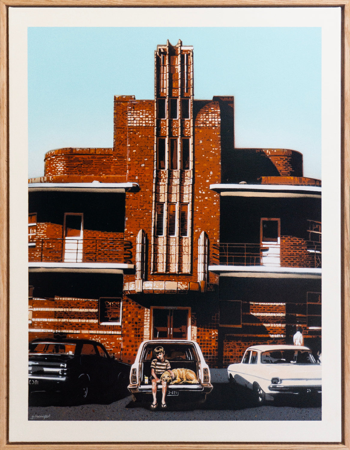 Stencil painting of a boy in a striped shirt sitting with a golden dog outside of an art deco pub