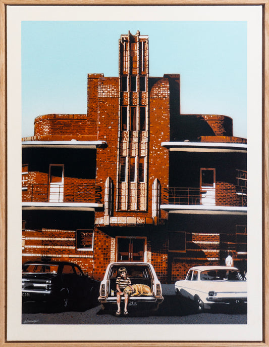 Stencil painting of a boy in a striped shirt sitting with a golden dog outside of an art deco pub