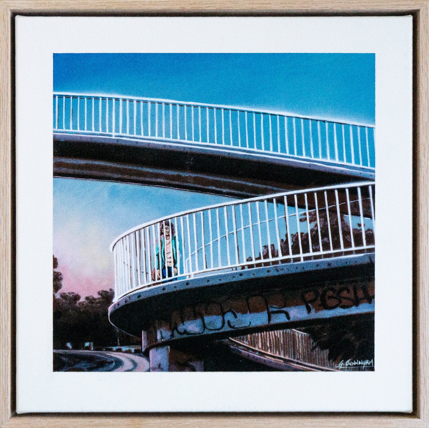 a lone figure walks across a footbridge in St.Kilda