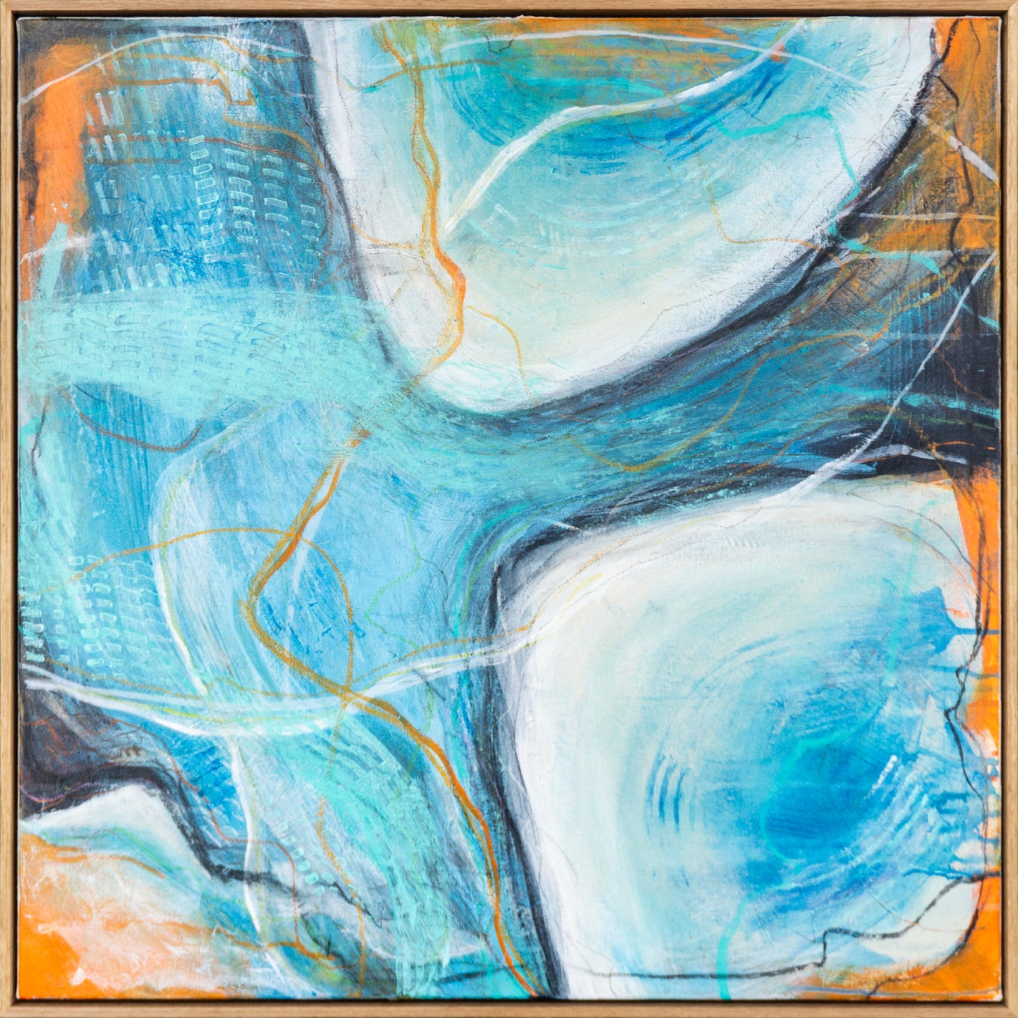 Tidal Karaoke by Geoff Cunningham, abstract landscape painting with flowing blue forms, intersecting currents, orange accents and layered texture.