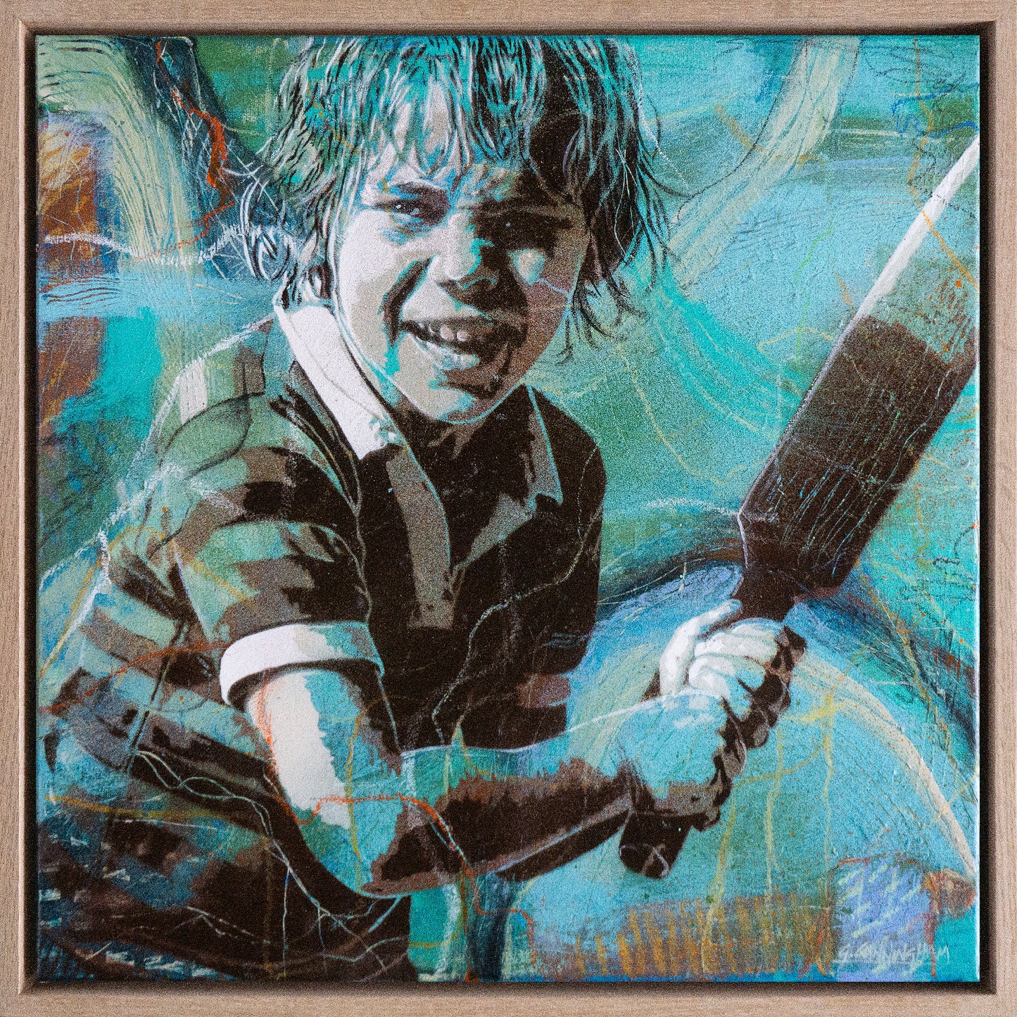 Tip & Run by Geoff Cunningham, original hybrid painting of a boy playing backyard cricket over an abstract landscape in blue and turquoise tones.