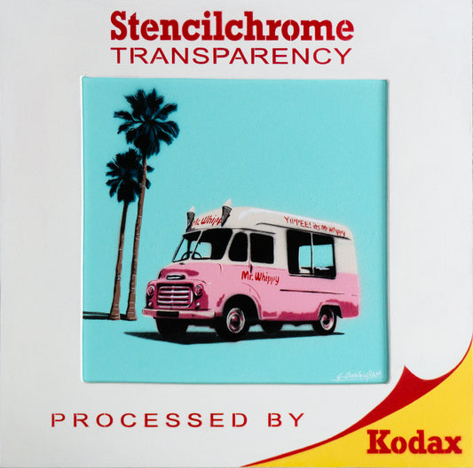 a vintage mr whip ice cream van sits in front of some palm trees aon a plain blue background